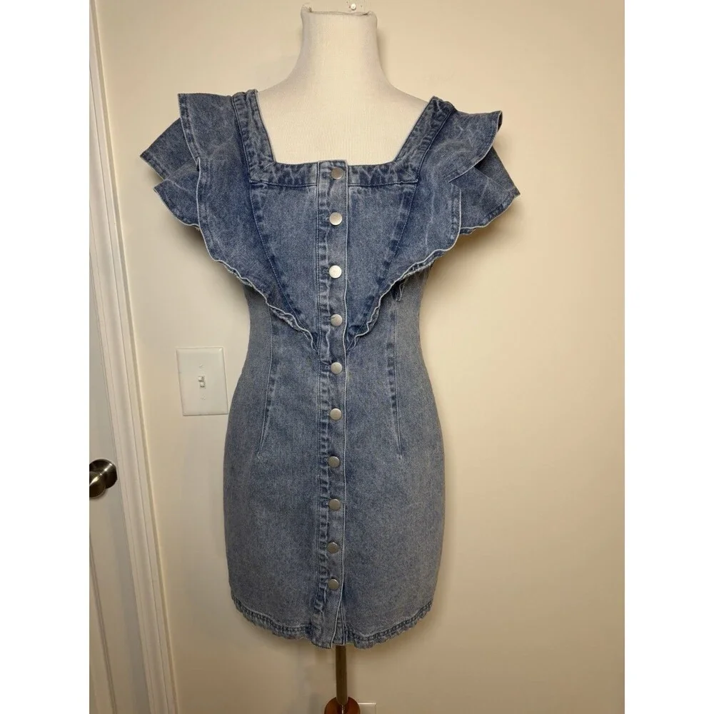 Avec Les Filles Women's Blue Denim Snap-Front Ruffle Western Dress Size Medium